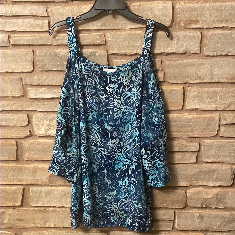 Soft Surroundings Green and Blue Floral Print Cold Shoulder Size M